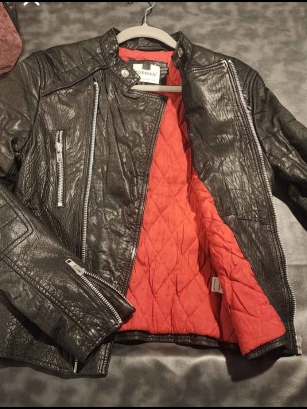 Topman Black Leather Bomber Jacket with Red Quilted Lining
